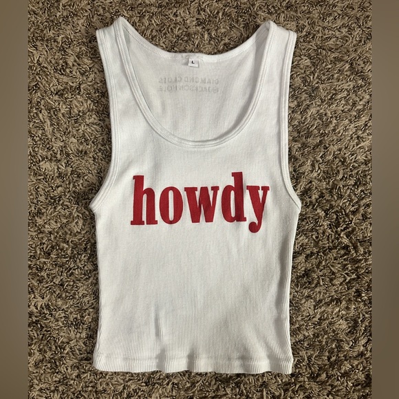 Diamond Cross Ranch Tops - White Ribbed Tank Top with Red "howdy" Graphic